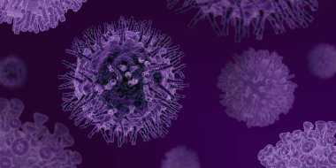 COVID-19 salgını. Menekşe arkaplanındaki koronavirüs hücrelerinin mikroskobik görüntüsü, boşluklu 3D illüstrasyon