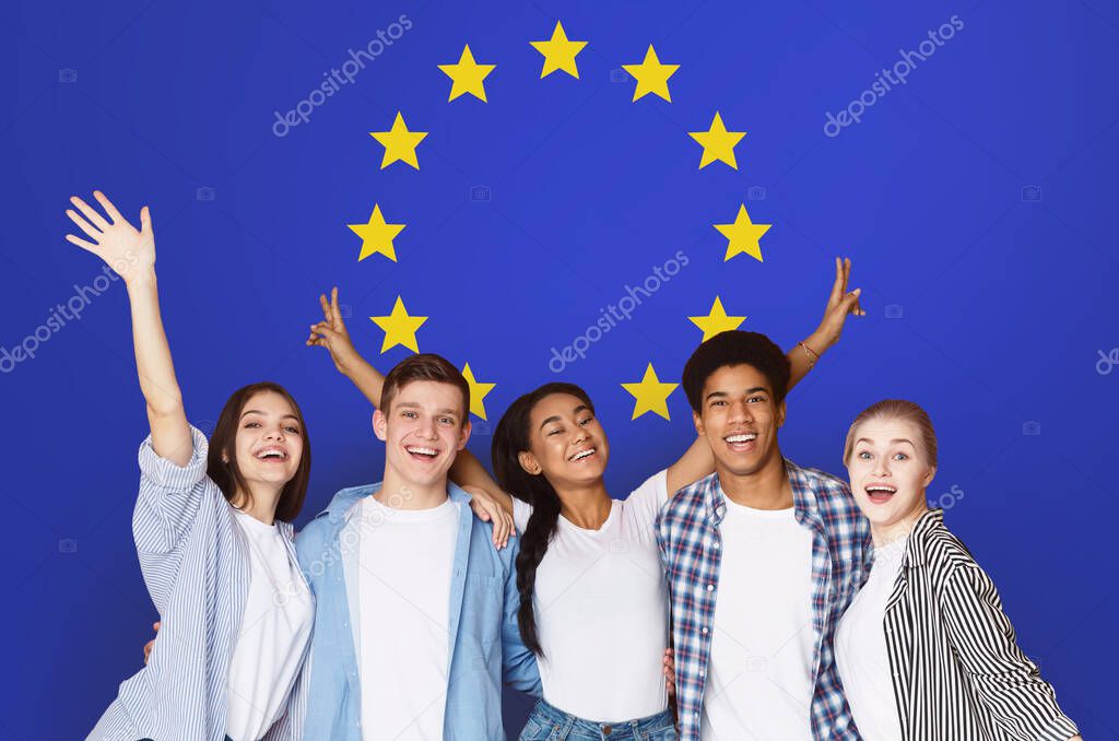 Student Exchange Programs In Eu. Happy Multiracial Teens Posing Over Europe Union Flag, Creative Collage
