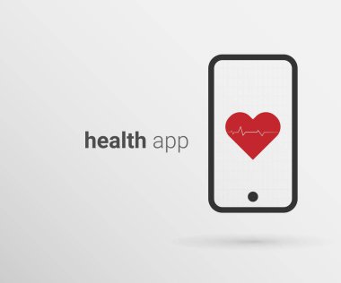 Metin Sağlık Uygulaması ve cep telefonu ekranda kırmızı kalp ve kardiyogram, açık arkaplan. Vektör illüstrasyonu