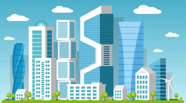 Ilustración vectorial creativa de la ciudad moderna con rascacielos y turbinas eólicas — Vector de stock