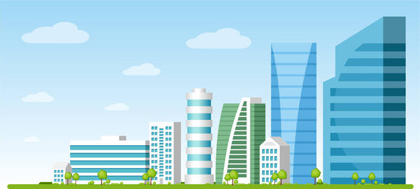 Modern City Urban Landscape With Skyscraper Buildings And Nature, Vector Illustration