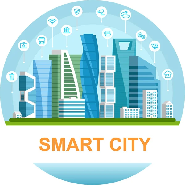 Vector Illustration For Smart City With Urban Buildings And Different Infographic Icons — Stock Vector