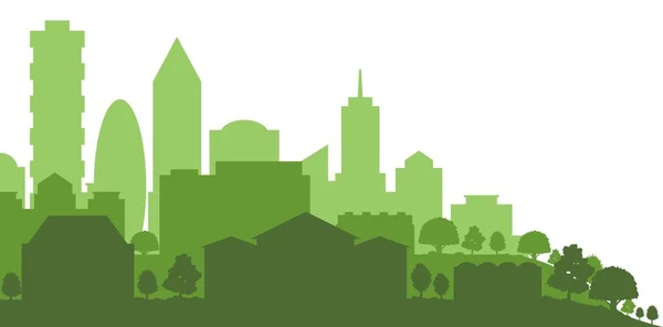 Esquema verde de la arquitectura urbana con rascacielos y edificios residenciales, aislados en blanco. Ilustración vectorial — Vector de stock