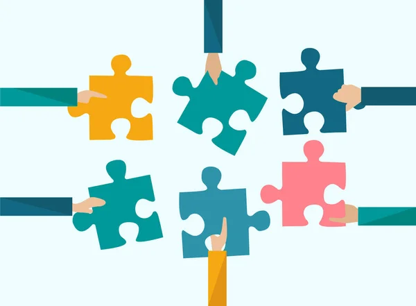 Zakelijk partnerschap. Teamleden stellen puzzelstukjes samen op kleur achtergrond, vector illustratie in platte stijl — Stockvector