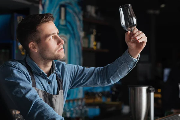 Limpeza perfeita. Barman profissional verifica vidro no pub — Fotografia de Stock