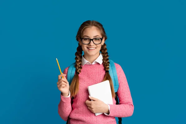 Dobrý student. Usmívající se dospívající dívka drží notebook a tužku — Stock fotografie