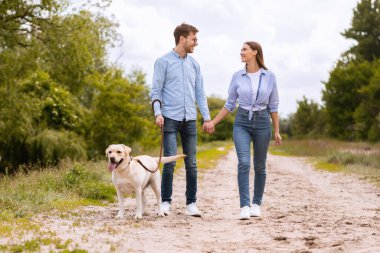 Çift ve av köpekleri kırsalda yürüyor.