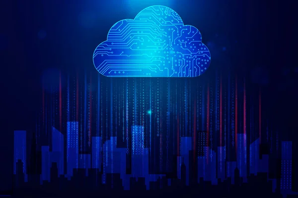 Holograficzna cyfrowa chmura nad budynkami miasta na niebieskim tle, Kolaż — Zdjęcie stockowe