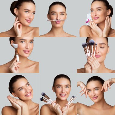 Kafkas genç kız kolajı fırçalarını tutuyor.