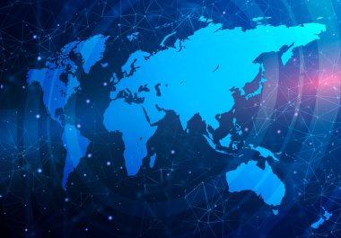 Mavi arkaplanda dünya haritası ve küresel bağlantılar ağı çizelgesi