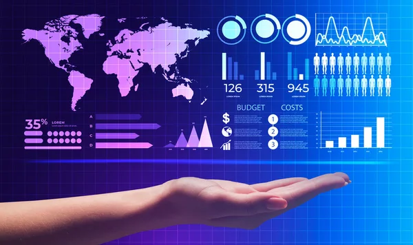 Näringsliv och innovativ teknik. Kreativ collage med kvinnlig hand och finansiell information på transparent skärm — Stockfoto