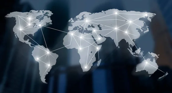 Mappa del mondo con rete di comunicazione internazionale, collage con edifici sfocati megapoli sullo sfondo — Foto Stock