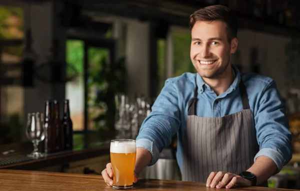 Lager, ale and beer. Handsome barman in apron puts glass with drink on bar counter