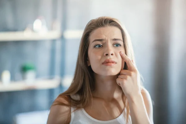 Problem skin treatment. Upset young lady with pimple on cheek near mirror indoors — Stock Photo, Image