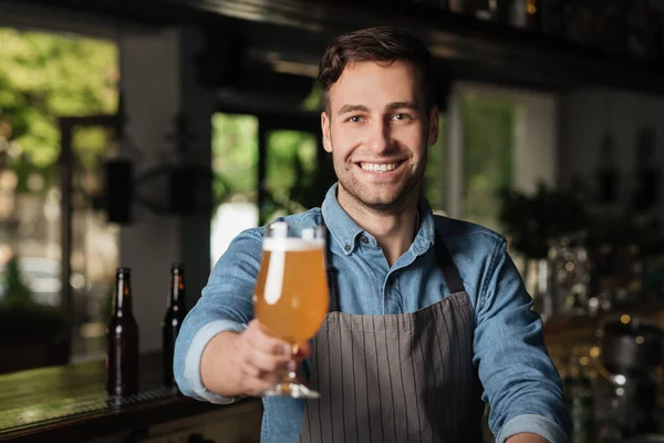 Lichte pils in glas. Barman houdt hand in hand met een glas licht bier, voor de klant — Stockfoto