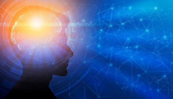 Мужской портрет с просвещенным мозгом, синим фоном
