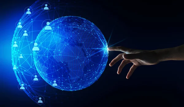Globus mit der Hand berühren über blauem Hintergrund, Global Network Collage — Stockfoto