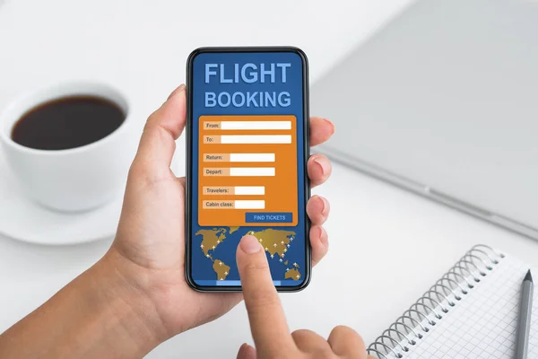 Woman Booking Flight On Smartphone Sitting Indoor, Closeup, Collage — Stock Photo, Image