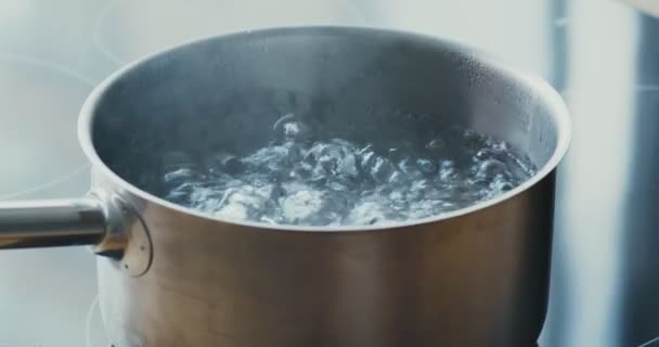 厨房炉灶上装有热液体的金属锅，关闭 — 图库视频影像
