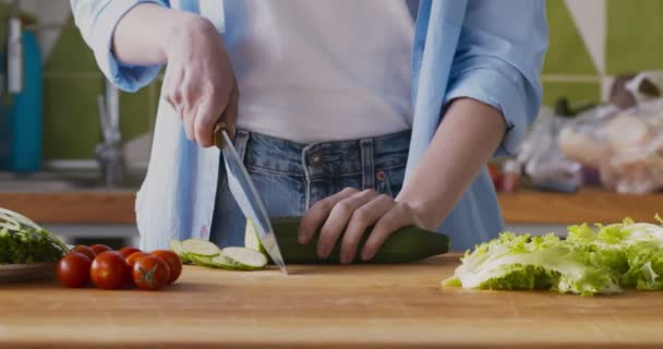 Donna che taglia cetriolo fresco per insalata di verdure — Video Stock