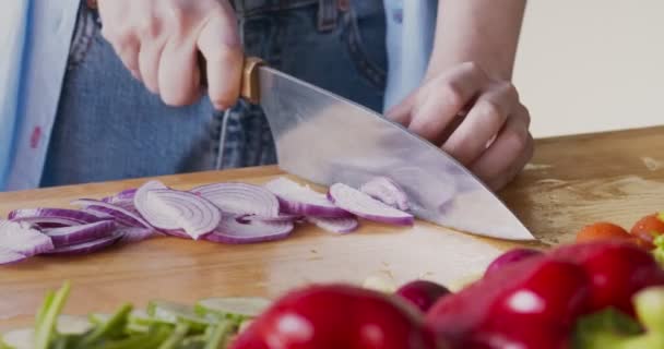 Kvinnliga händer skär röd lök i köket — Stockvideo