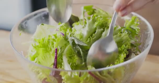 Femme mélangeant salade de légumes frais avec deux cuillères — Video