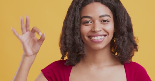 Menina afro-americana positiva gesticulando OK e amplamente sorrindo — Vídeo de Stock