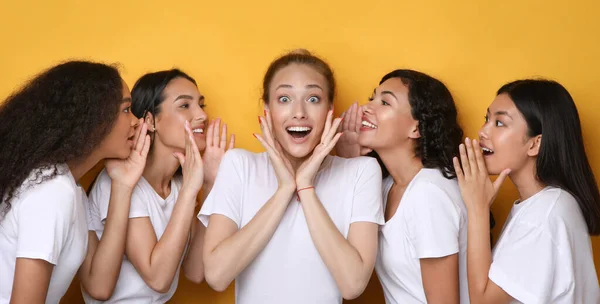 Eccitato pettegolezzi ragazze sussurrando segreti su sfondo giallo Studio, Panorama — Foto Stock