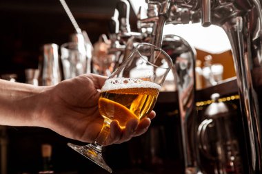 Bardaki müşteri hizmetleri. Barmen içteki bardaktan bira doldurur.