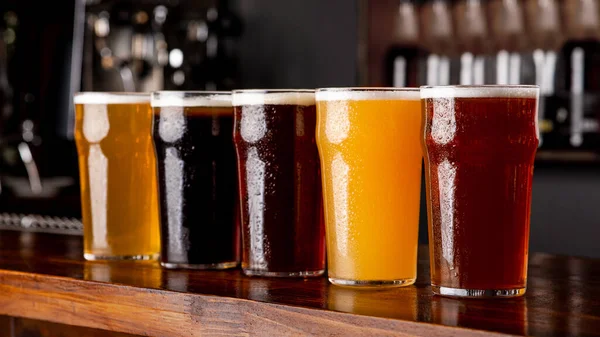 Filtresiz, koyu, hafif bira, büyük cam bardaklarda bira ve bira barın içindeki ahşap tezgahta. — Stok fotoğraf