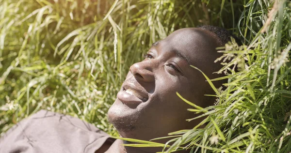 Fröhlicher Afroamerikaner liegt im Park auf grünem Gras — Stockfoto