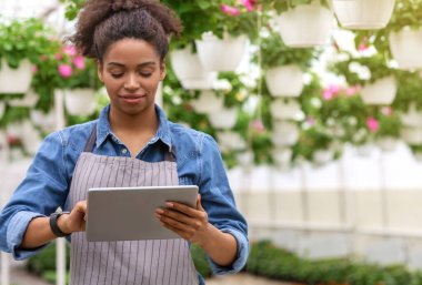 Seradaki bitkilerin en sevdiği iş. Önlüklü Afrikalı Amerikalı kadın dijital tablet kullanıyor.