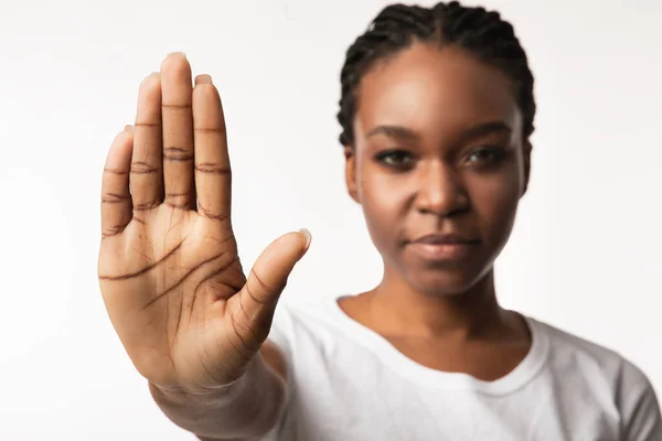 African American Girl Gesturing Stop Posing Over White Studio Background — Stock Photo, Image