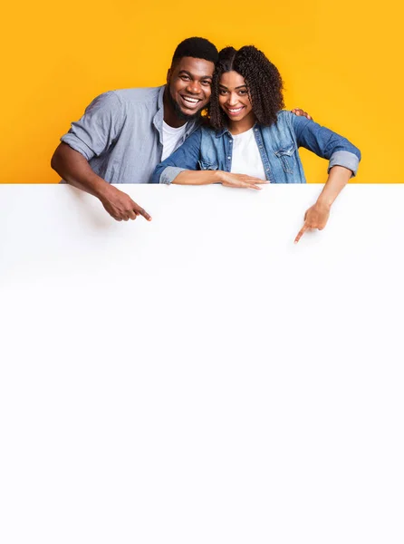 Blank Smiling Couple Pointing At Blank Advertisement Board, Recommending Something — Stock Photo, Image
