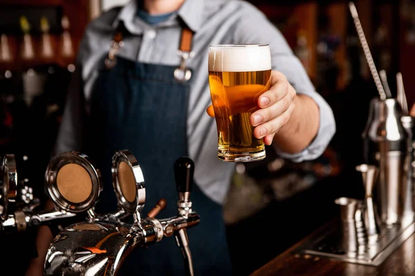 Cervejeiro e barman no pub. Homem no avental dá vidro de cerveja leve com espuma — Fotografia de Stock
