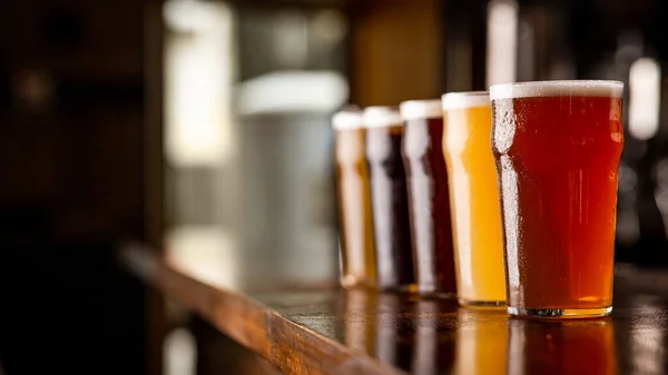 Degustación de cerveza. Muchos tipos diferentes de bebida artesanal en vasos grandes en la mesa en el interior del pub —  Fotos de Stock