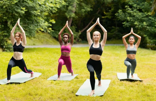 Morning yoga at park. Beautiful girls standing in warrior pose during their outdoor practice — Stock Photo, Image