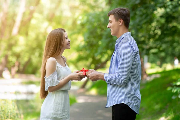 Romantický přítel dává dárek k narozeninám své krásné přítelkyni v parku — Stock fotografie