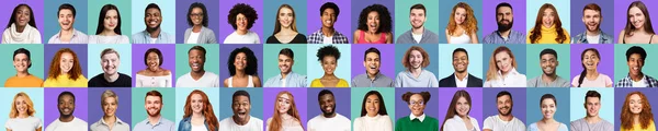 Multiracial glada människor ansikten på violett och turkos bakgrunder — Stockfoto