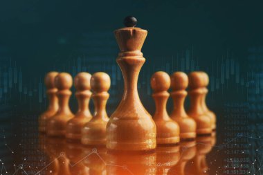 Satranç Kraliçesi Rehinelerle Ayakta Duruyor, Yeşil Arkaplan, İş Liderliği Kolajı