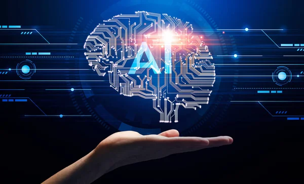Mano demostrando cerebro virtual con letras AI en él — Foto de Stock