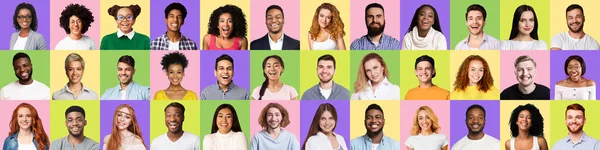 Conjunto de pessoas enfrenta sorrir e rir em fundos coloridos — Fotografia de Stock