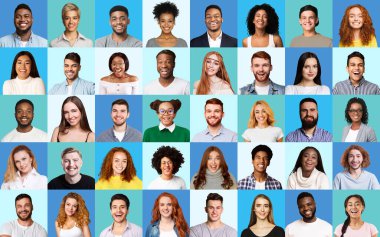 Composite Picture Of Diverse People Expressing Happiness Over Blue Backgrounds clipart