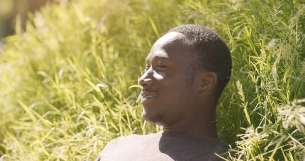 Porträt eines glücklichen afrikanisch-amerikanischen Mannes auf grünem Gras — Stockfoto