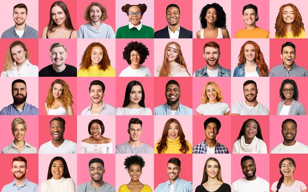 Mosaico de jóvenes retratos que expresan felicidad sobre fondos rosados — Foto de Stock