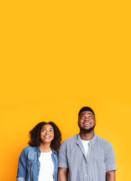 Interesting Offer. Smiling Black Couple Looking At Copy Space Above Their Heads — Stock Photo, Image