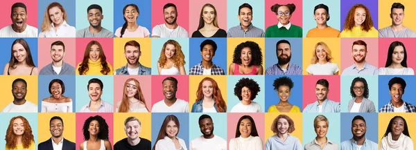 Mosaico de gente feliz del milenio posando en diferentes fondos coloridos — Foto de Stock