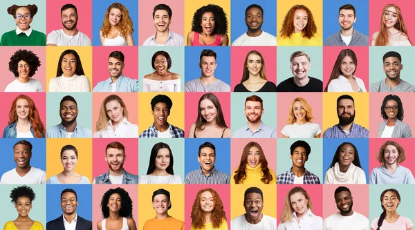 Collage av positiva Millennial Människor Porträtt På Studio bakgrunder — Stockfoto