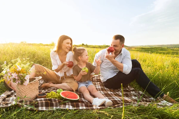 Glückliche Familie beim gemeinsamen Picknick im Freien — Stockfoto