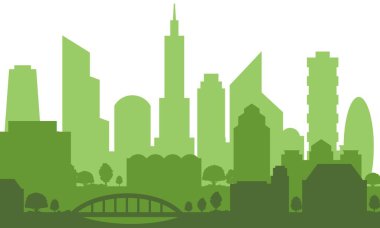 Yeşil renkli modern şehir manzarası silueti beyaz üzerine izole edilmiş, vektör illüstrasyonu